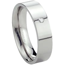 Titanium 6mm Solitaire Diamond High Polish Flat Wedding Band Ring