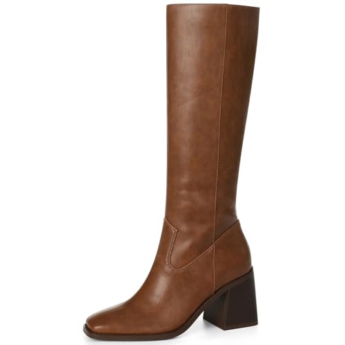 AMINUGAL Knee High Boots for Women Square Toe Chunky Heel Boot Size Zipper Pull on Shoes Wedding Concert Party Wear Long Boots
