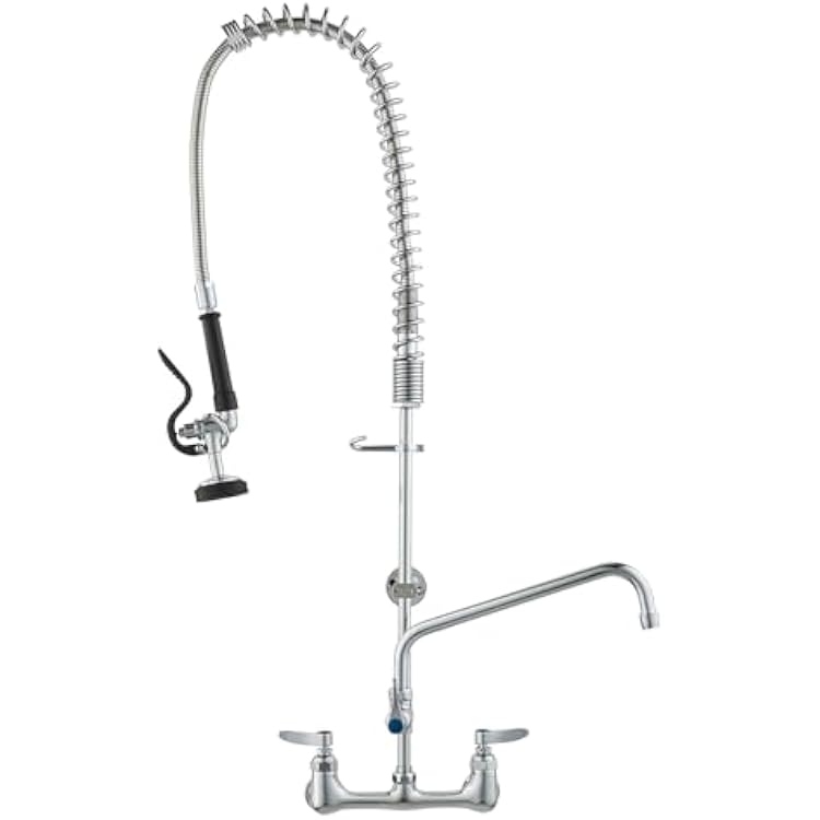 VEVOR Commercial Faucet with Pre-Rinse Sprayer, 36 Height, 8 Center, 12 Swing Spout, Wall Mount Kitchen Sink Faucet, Brass Constructed Device with Pull Down Spray, for 123 Compartment Sink