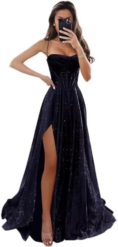 Sparkly Tulle Prom Dresses for Teens 2026 Sequin Spaghetti Straps Corset Evening Formal Gown with Slit