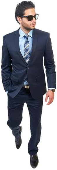 AZAR MAN Slim Fit Men Suit 2 Button Navy Blue Notch Lapel Flat Front Pants
