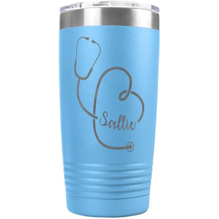 PlaqueMaker Personalized 20-oz Nurse, Doctor, Veterinarian or Medical Professional Tumbler - Add A Name Within The Stethoscope to Make it Special to the Recipient. Light Blue