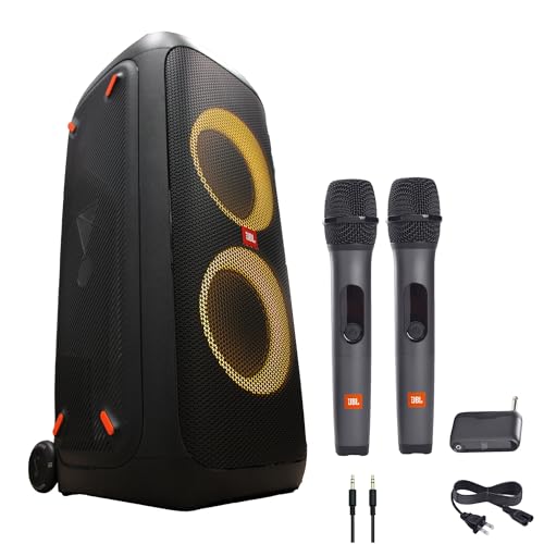 JBL PartyBox 310 Portable Bluetooth Speaker with Lights JBLPARTYBOX310AM  Wireless Two Microphone System with Receiver  AUX Cable  Microfiber Cloth