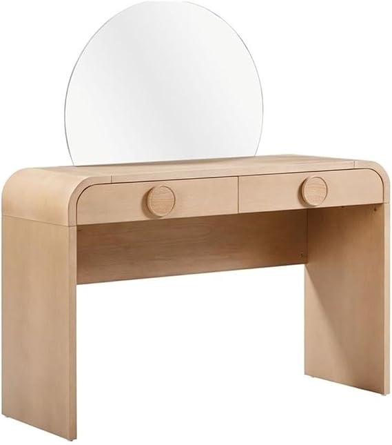 MAKLAINE Modern Vanity Desk, Natural Ash Veneer, 2 Soft-Close Drawers, Removable Circular Mirror, Felt-Lined Drawers, Handmade Solid Wood Handles, Contemporary Style Home Office Desk or Makeup Vanity
