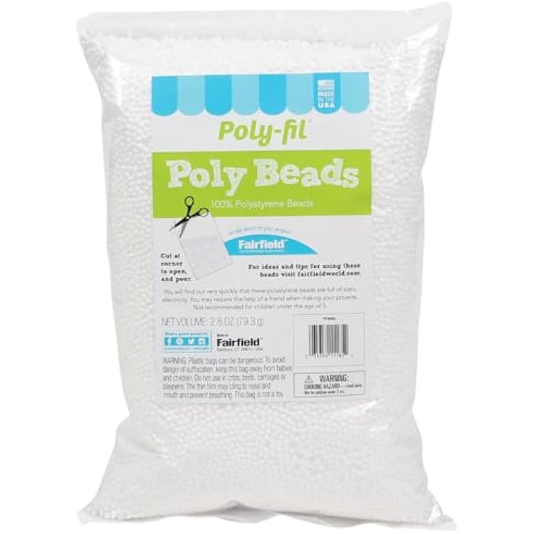 Fairfield Poly-Fil Poly Beads, Premium Polystyrene Stuffing Beads, Stuffing for Stuffed Animals, Ideal for Floam and Slime, Bean Bag Filler, White, 2.8-Ounce Bag