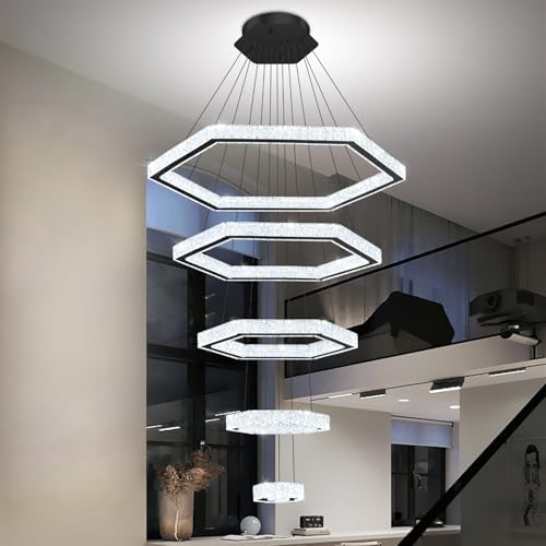 Modern LED Large Ring Crystal Chandelier 5 Ring Pendant Lighting for Living Room Dimmable Height Shape Adjustable Black 8in+16in+24in+32in+40in