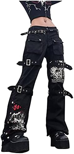 Goth Jeans for Women E-Girl Straight Jeans Cargo Pants Streetwear Halloween Gothic Pants Black, S