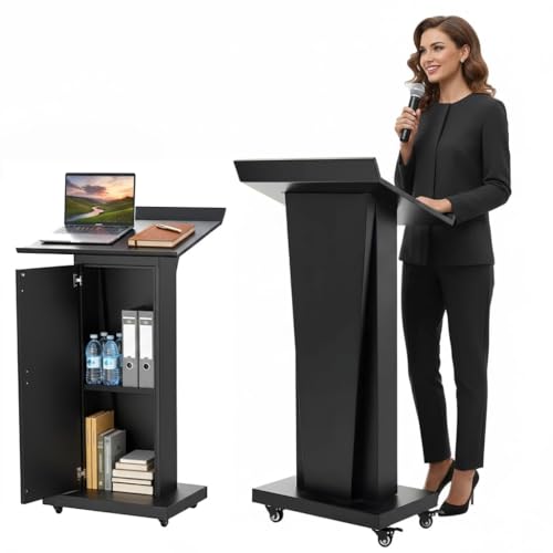 GARVIN Metal Podium Stand with Wheels, 50.4Heavy-Duty Mobile Metal Lectern with Storage Cabinets, Portable Pulpit for Church, School, Office and Conference Black-03
