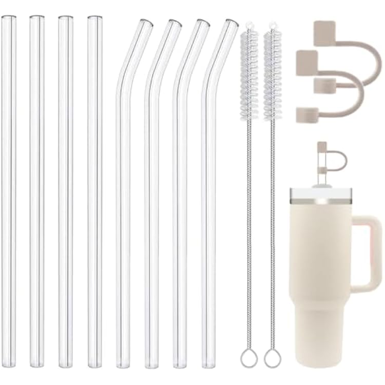 Replacement Glass Straw Compatible with Stanley 40 oz 30 oz Cup Tumbler, Reusable Straw with Covers and Cleaning Brush, 12 PCS