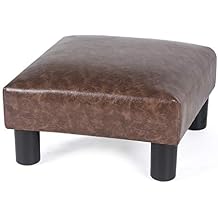 Adeco 15 Small Ottoman Footstools- Waterproof Brown Distressed Faux Leather Upholstered Foot Rest with Plastic Legs- Lightweight and Portable