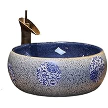 Bathroom Sink Bathroom Vessel Sink Vanity Vessel Sink Round Ceramic Washbasin Vintage Art Countertop Basin with Faucet Bathroom Vessel Sinks