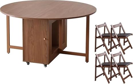 Round Folding Dining Table with 4 Chairs, 47.3" Space Saving Foldable Dining Table and 4 Chairs, Extendable Drop Leaf with Storage Shelf Metal Legs for Home Dining Room Living Room in Walnut