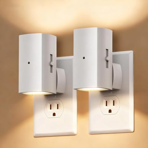 Brightown 2 Pack White Night Lights Plug into Wall, Modern Night Light with Rotating Plug, Dusk to Dawn Sensor, 0-100LM Stepless Dimming Aora Night Light for Hallway Bedroom Bathroom, Soft White