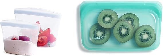 Stasher Reusable Silicone Storage Bags & Bowls Bundle | 2-Pack Clear Bowls + Aqua Snack Bag