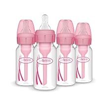 Dr. Brown's Natural Flow Anti-Colic Options+ Narrow Baby Bottle, 4 oz/120 mL, with Level 1 Slow Flow Nipple, Pink, 0m+, 4 Pack