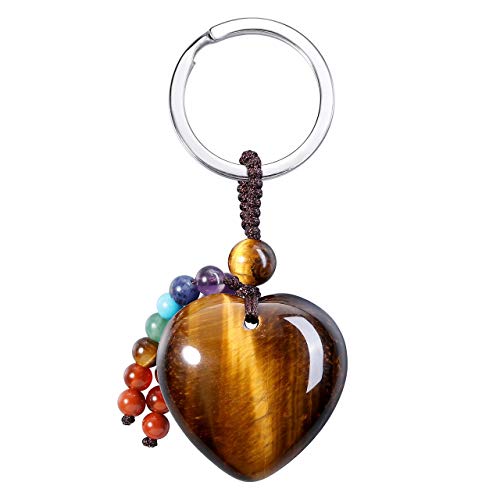 Jovivi Natural Tiger Eye Crystal Heart healing Stone Keychain 7 Chakra Reki Healing Crystal Gemstone Beads Tassel Keyring for Men