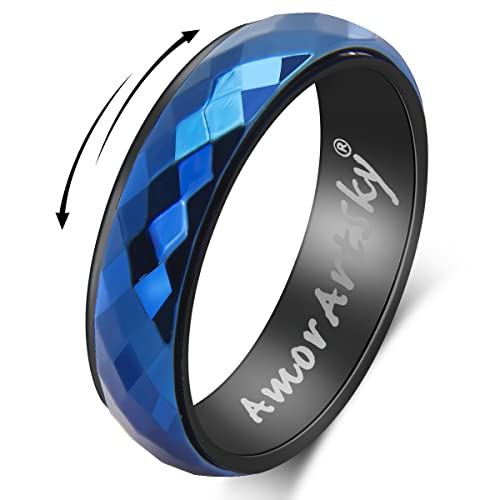 AmorArtSky Fidget Rings for Women Men Anxiety: Titanium Stainless Steel Spinner Gear Ring Thumb Ring Mens womens Wedding Band Ring Silver Blue Black Tone Size 6 7 8 9 10
