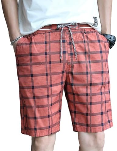 Mens Casual Plaid Shorts Elastic Waist Cotton Checked Shorts