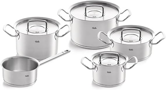 Fissler Original Profi Collection Stainless Steel Saucepan Set 5 Pieces Pots with Metal Lids (3 Cooking Pots 1 Stewing Pan 1 Saucepan Lidless) - Induction