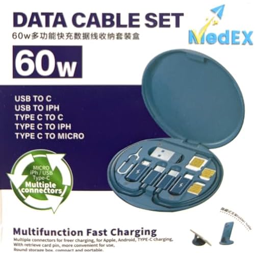 MedEX 60W Travel Charger Set 6-in-1 Multi USB Cable Kit with Case | Type-C, Micro USB, Lightning Adapters | Fast Data Transfer & Charging | Compact Portable Organizer for Travel & Work