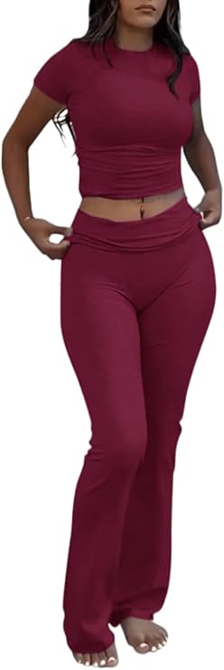AYWA Women's 2 Piece Lounge Sets Short Sleeve Crop Top Foldover Flare Pants Casual Pajama Outfits