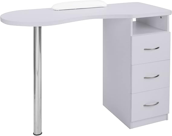 mefeir Manicure Table Nail Desk with 3 Drawers & Arm Rest Cushion for Nail Tech, Beauty Spa Salon Home Wooden Technician Workstation Nail Art Equipment (Titanium White)