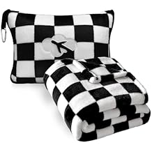 Travel Blanket and Pillow Compact, Premium Soft 2 in 1 Airplane Blanket with Soft Bag Pillowcase,Hand Luggage Sleeve and Backpack Clip (Checkered Black)