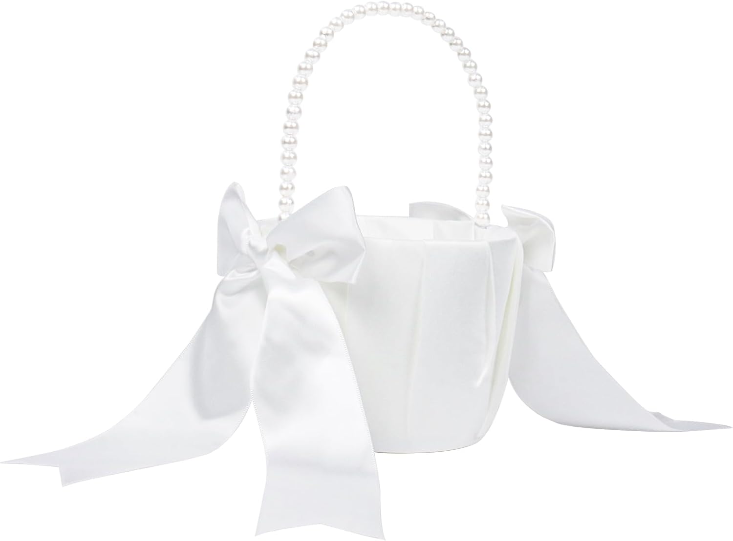 Ivory Flower Girl Basket with Pearl Handle, Satin Flower Basket for Flower Girls, Wedding Flower Basket for Wedding Ceremony Party