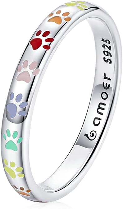 BISAER 3mm 3.4mm Paw Print Ring S925 Sterling Silver Ring Puppy Dog Cat Paw Ring, Multicolor Pet Print Enamel Ring for Women Size 5-10