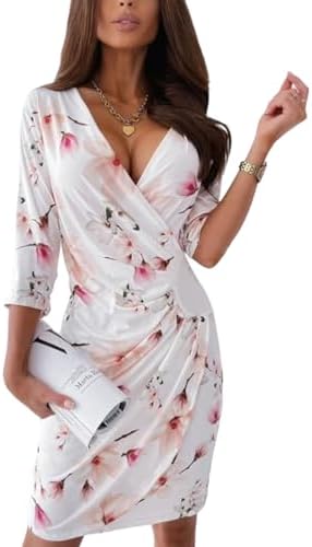 Women's Summer Casual Short Sleeve Dresses Spring Sundresses Beach Clothes Outfit Vacation 2024 V Neck