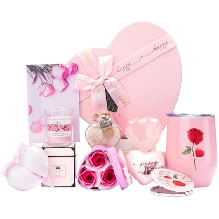 Mothers Day Gifts Box, Pink Rose SPA Gift Basket for Women, Mom Birthday Gifts, Heart-Shaped Relaxing Bath Set with Tumbler, Best Gift for Mom, Wife, Love You Anniversary Present