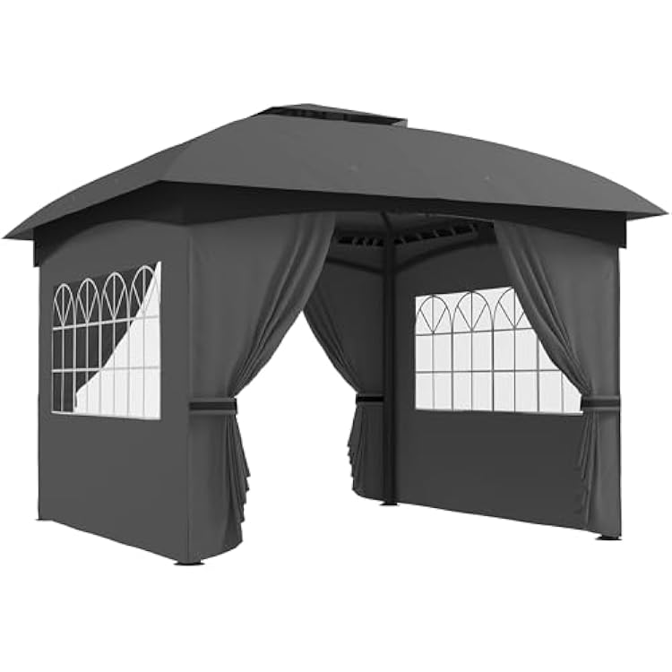Outsunny 11 x 11 Outdoor Gazebo, Arc Patio Gazebo Canopy Shelter, UV Protected, with Curtains, Church Windows, Double Roof, Galvanized Steel Frame for Lawn, Backyard and Deck, Dark Gray