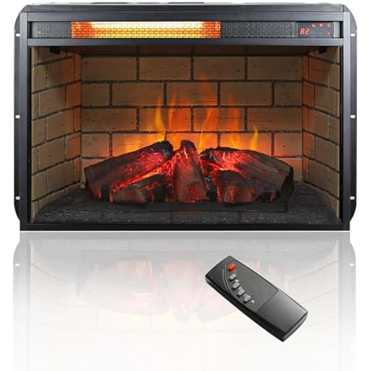 26 Inch Electric Fireplace Inserts with Infrared Quartz Heater, Realistic Log and Brick Wall Design, Adjustable Flame & Brightness, Antique Black Tempered Glass Firebox for Living Room or TV Stand