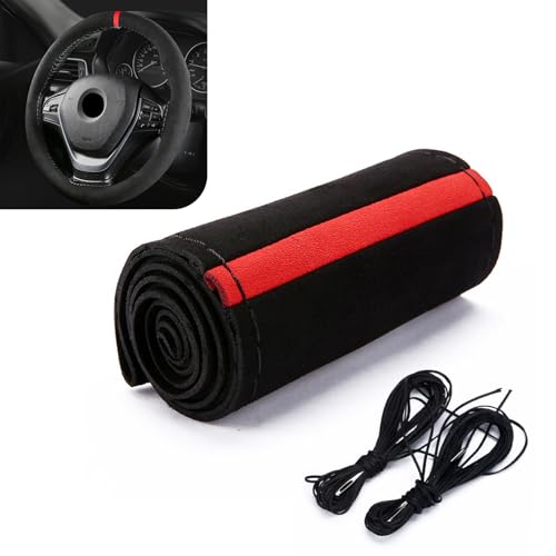 gunhunt 1 PC Car Steering Wheel Cover, 14.9 Suede Nubuck Leather Non-Slip Breathable Hand-Stitched Steering Wheel Protector, Comfortable Grip for All Seasons, Universal for Most Cars Red & Black