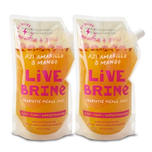 Olive My Pickle Probiotic Pickle Juice - 39 Ounces | 2 Pack Bundle of LiveBrine Aji Amarillo & Mango Pickle Juice with Natural Probiotics and Digestive Enzymes for Gut Health - 26 Pickle Shots
