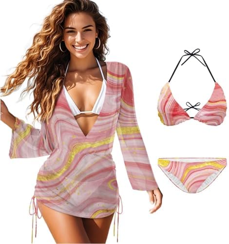 Womens 3 Piece Swimsuit Bikini Set Print Neck - Hanging Adjustable Lace - Up Separates Bikini Swimsuit with Cover Up