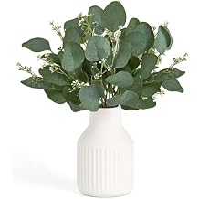 Dahey Artificial Eucalyptus Stems in Ceramic Vase Centerpiece Table Decorations Modern Farmhouse Decor Fake Eucalyptus Plants with Vase for Bathroom Kitchen Shelf Living Room Home Decor, White