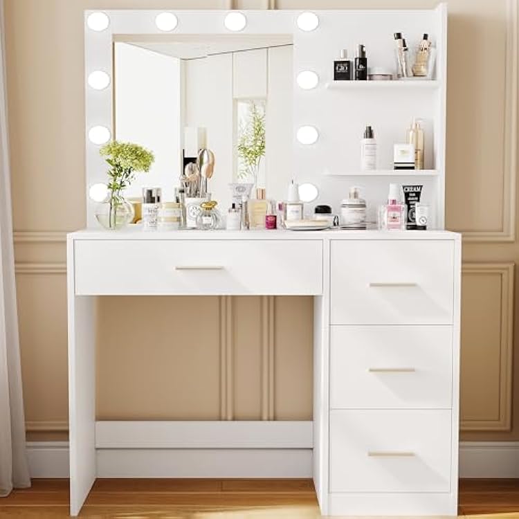 Rovaurx Vanity Desk with Mirror and Lights, Makeup Vanity Table with Storage Shelves and 4 Drawers, Bedroom Dressing Table, 10 LED Lights, 3 Color Modes & Adjustable Brightness, White