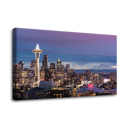Pacimo Canvas Art Wall Decor City Seattle Skyline at Sunset Pictures Painting Prints Washington Cityscape Modern Artwork Decoration for Home Decor Stretch and Framed Ready to Hang 12x18
