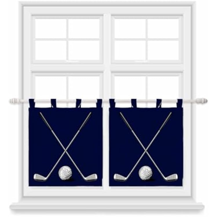 Golf Ball Kitchen Curtains 24 Inch Length, Small Window Curtains Tab Top, Navy Blue Monochrome Sport Light Filtering Short Window Treatments Tier Drapes 27.5x24 2 Panel