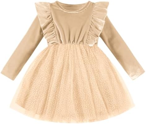 DREAM BUS Toddler Girl Christmas Dress Baby Girl Long Sleeve Ruffled Velvet Top Tulle Dress Special Occasion Dress