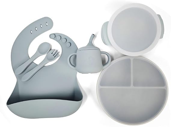 Silicone Baby Feeding Set| Silicone Divided Suction Plate and Bowl with Lids |Toddler Feeding Set| Training Cup with Straw|Fork Spoon Bib| Toddler Baby Led Weaning Supplies (Blue)