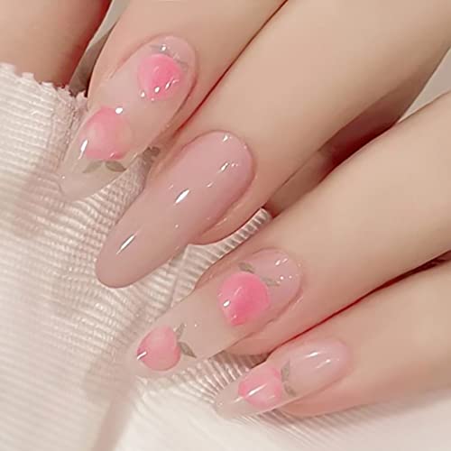 RikView Press on Nails Long Fake Nails with Peach Design Pink Nails Almond Nail Tips Glossy Acrylic Nails