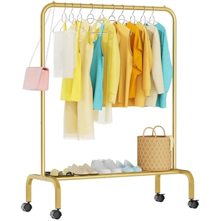 Rolling Clothing Racks for Hanging Clothes, Garment Rack for Clothes to Hang, Metal Portable Wardrobe Rack for Coats, Jackets, Shirts, Dress,Gold