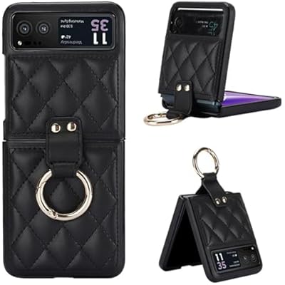 Slim Premium PU Leather Motorola Razr 2023 Phone Case with Ring Holder, Shockproof Hard PC Protective Case for Razr 2023, Black