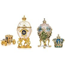 Decorative White Royal Easter Egg Replica and Lilies of The Valley Easter Egg Replica with Vintage Carriage and Trinket Crown Box
