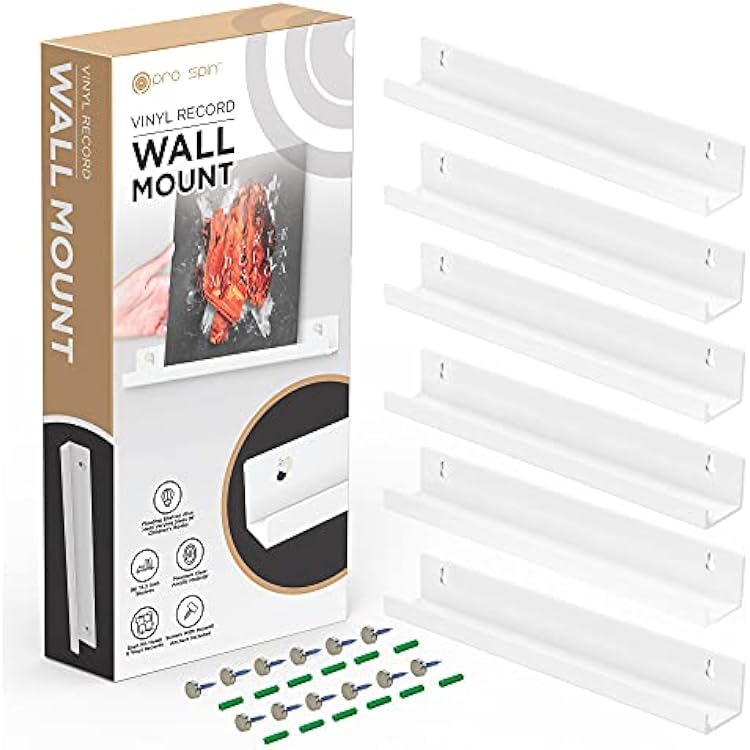 PRO SPIN Vinyl Record Wall Mount Shelf White Acrylic Stand to Display 6 Records Set of Album Holders for Hanging on Walls Floating Shelves Perfect for Albums or Childrens Books