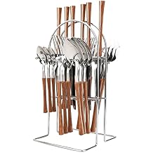 24-Piece Hanging Cutlery Set With Flatware Stand, Mirror Stainless Steel Silverware Wooden Handle Kitchen Utensils For Home Restaurant And Wedding Party, Service For 6, Brown Silver