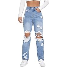 WDIRARA Womens High Waisted Ripped Straight Leg Jeans Cut Out Button Denim Pants