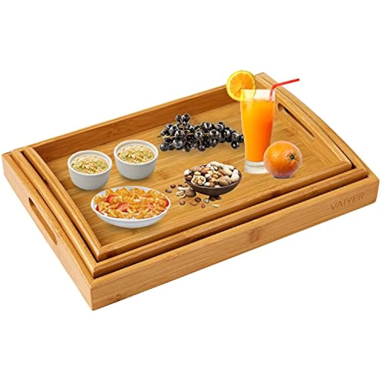 Vaiyer Set of 3 Bamboo Breakfast Serving Tray with Handles, Nesting Serving Trays Platters Set for Food, Breakfast, Dinner, Ottoman Coffee Table, Parties, Restaurants
